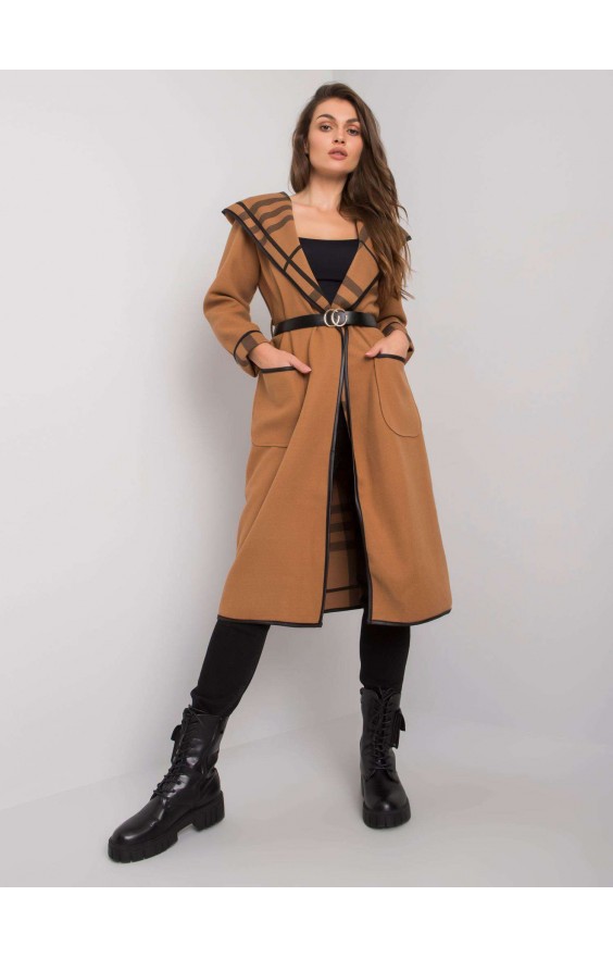 Kabát Latesha s kapucňou a opaskom hnedý
