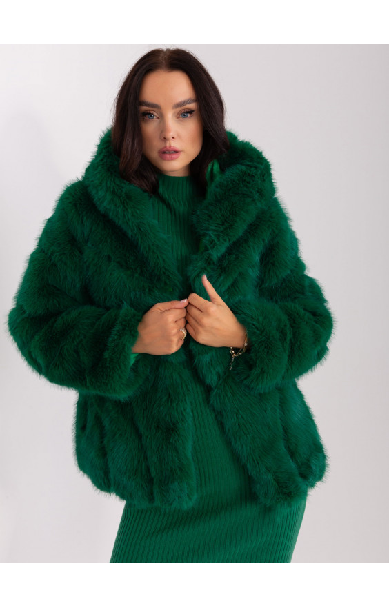 Smaragdová štýlová kožušinová bunda s kapucňou