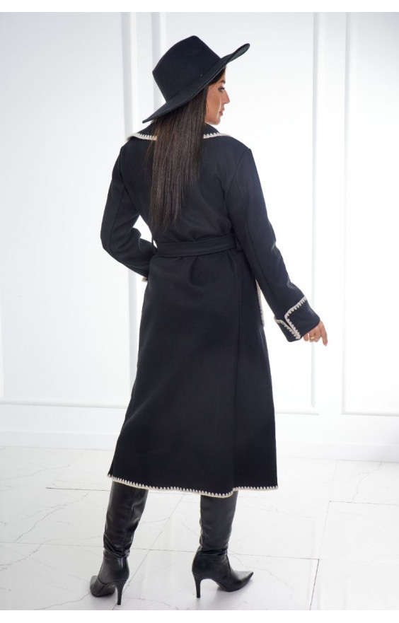 Kabát previazaný ozdobným lemom čierny