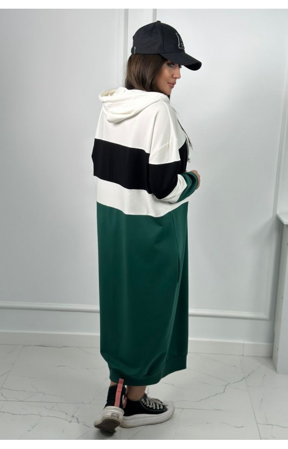 Trikolórne šaty s kapucňou ecru + čierna + tmavozelená