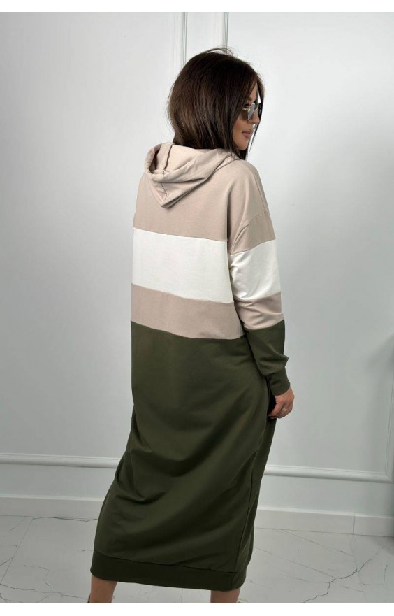 Trikolórne šaty s kapucňou béžová + ecru + khaki